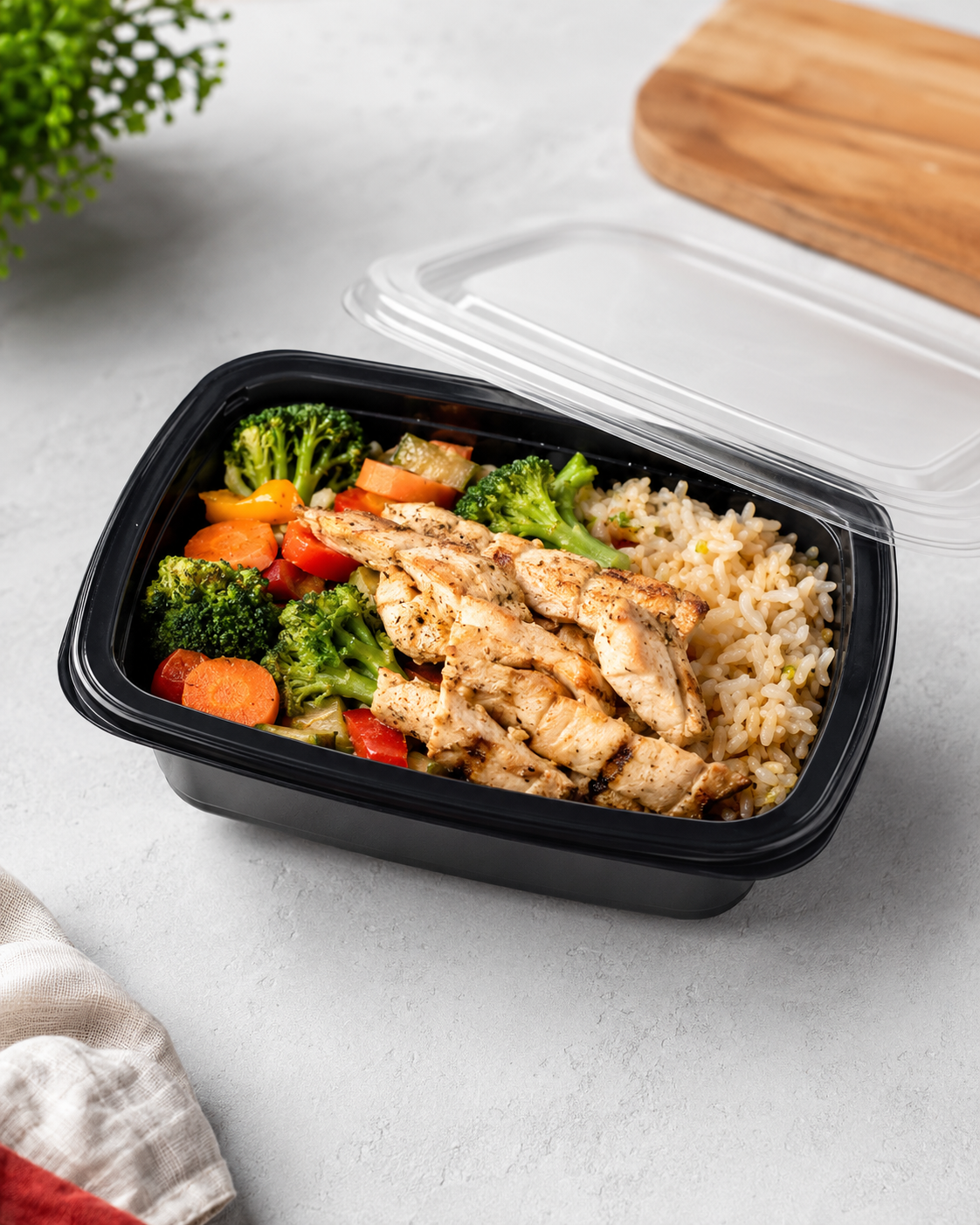 Refeição saudável em embalagem preta com arroz integral, proteína e legumes coloridos.